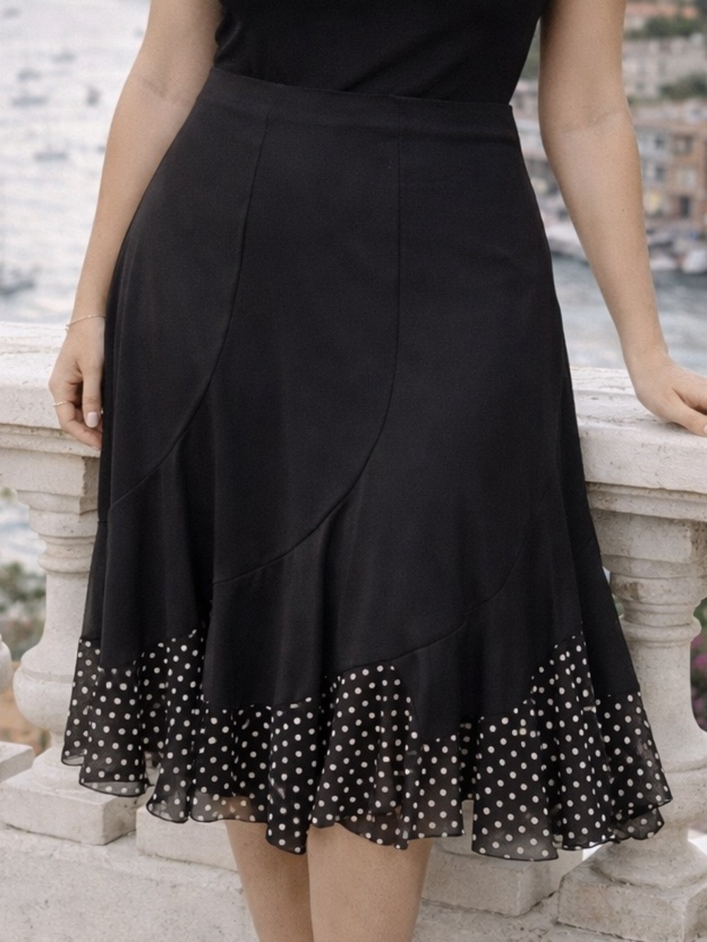 J Janet Black Polka Dot Ruffle Skirt Vintage Stretchy Midi Size S
